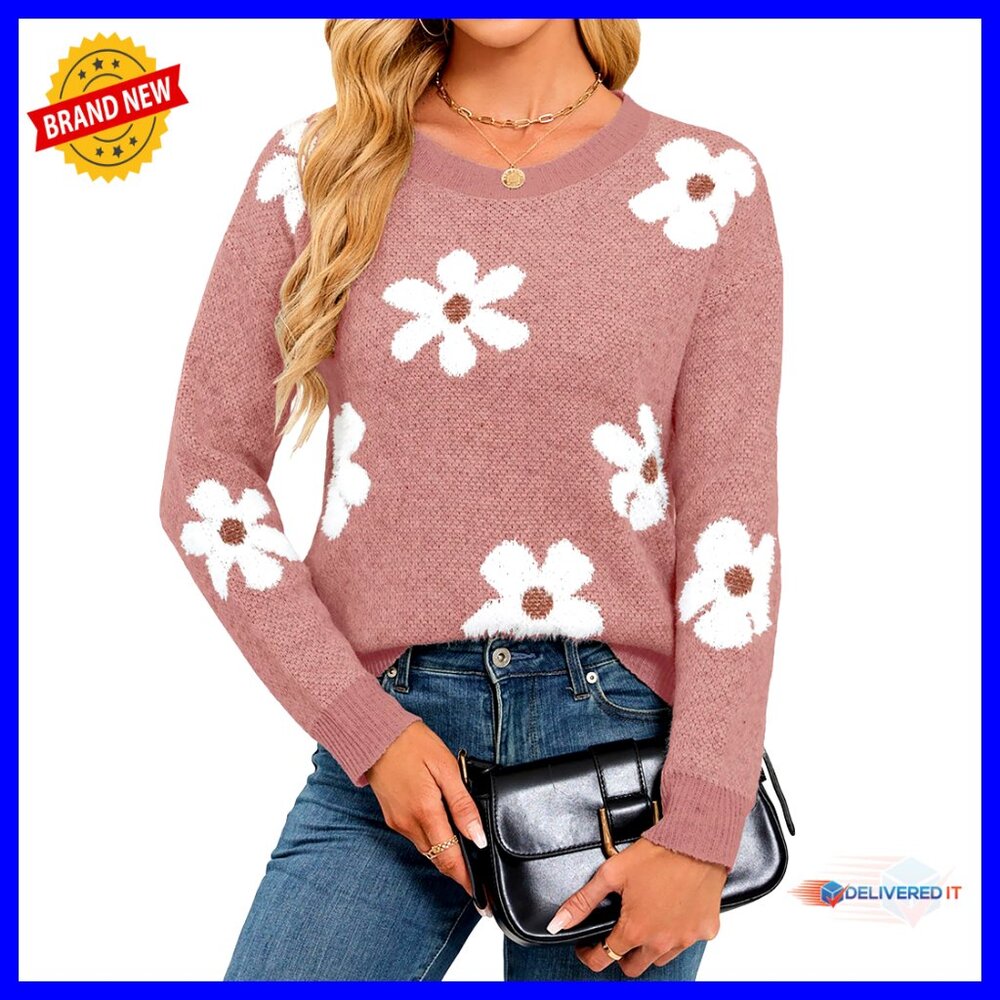 Oversized Floral Pullover Sweater Crew Neck Long Sleeve Fuzzy Knit Top